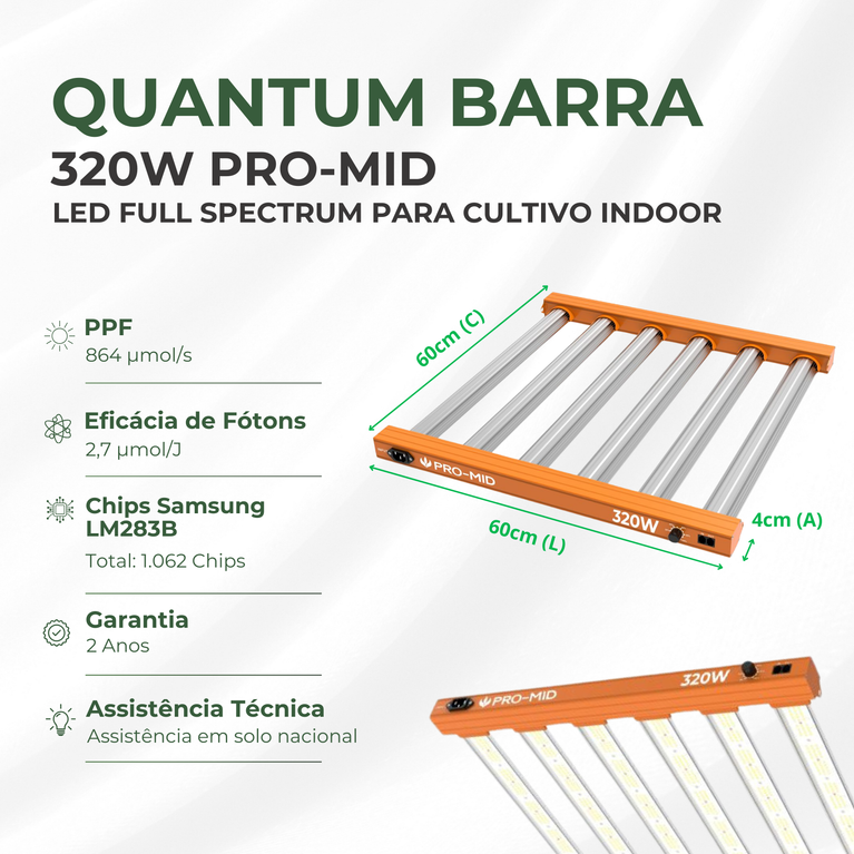 Painel de LED Quantum Barra 320W PRO-MID Chips Samsung LM283B - Cultivo Indoor
