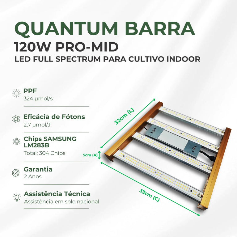 Painel de LED Quantum Barra 120W PRO-MID Chips Samsung LM283B - Cultivo Indoor