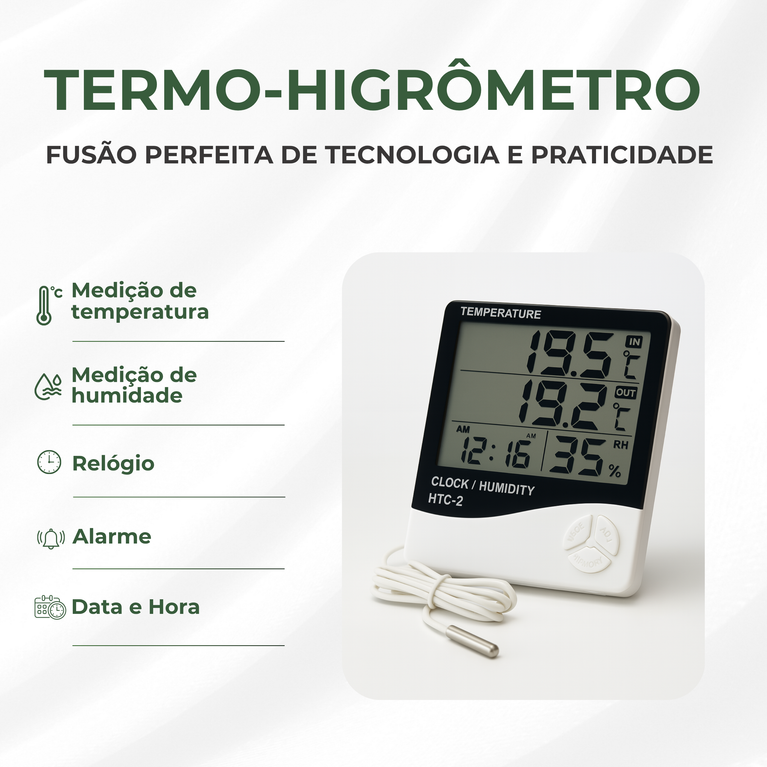 Termohigrômetro Digital Relógio Medidor de Umidade e Temperatura