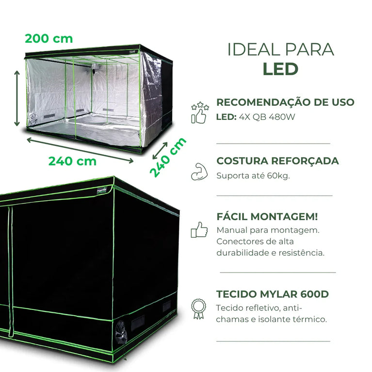 Estufa 240x240x200cm Tenda Grow para Cultivo Indoor Tecido Mylar Refletivo PRO