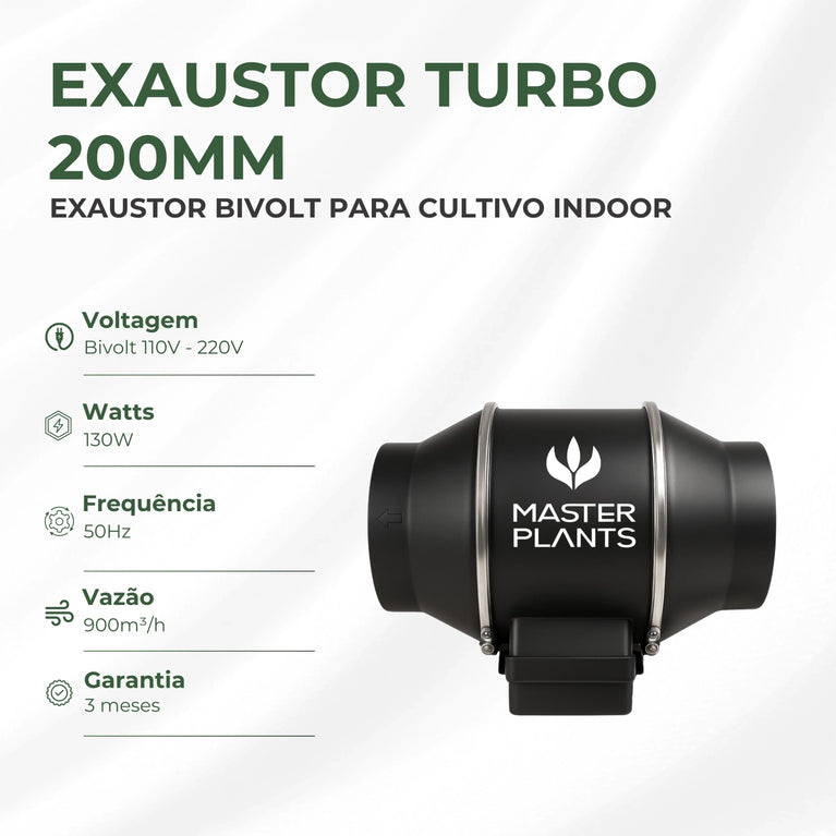 Exaustor Turbo Bivolt 200mm Cultivo Indoor Grow 130w Preto