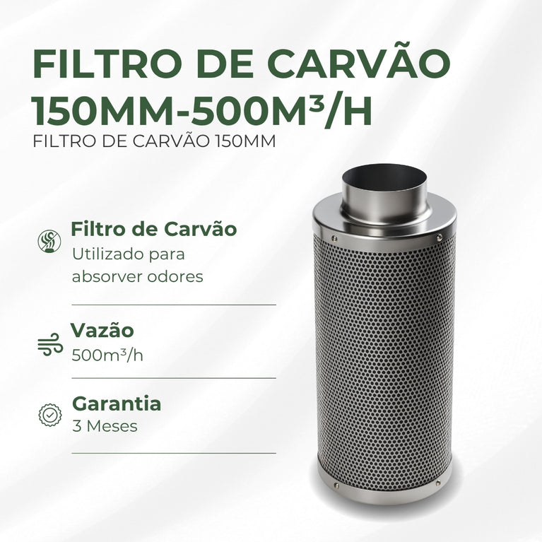 Filtro de Carvão Ativado 150mm 500m3/h Cultivo Indoor Estufa