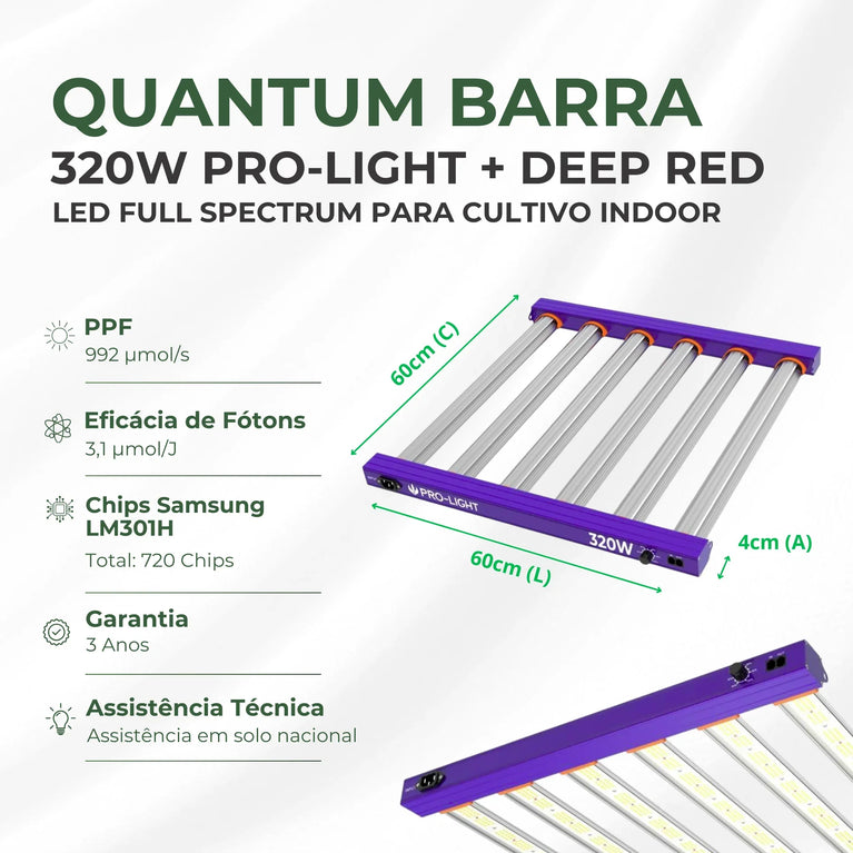 Painel de LED Quantum Barra 320W PRO-LIGHT Chips Samsung LM301H - Cultivo Indoor