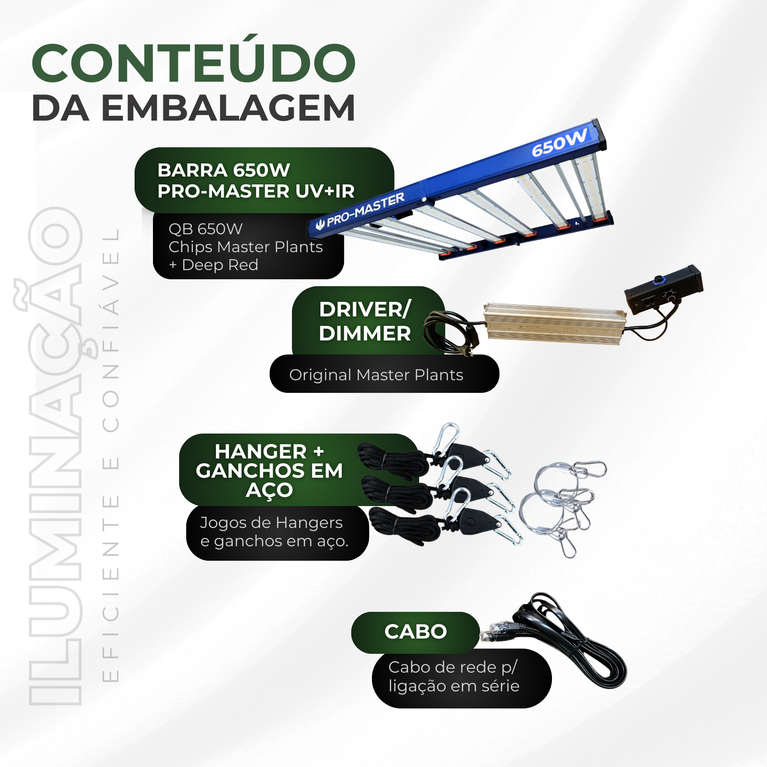 Painel de LED Quantum Barra 650W PRO-MASTER Chips Master Plants UV+IR - Cultivo Indoor