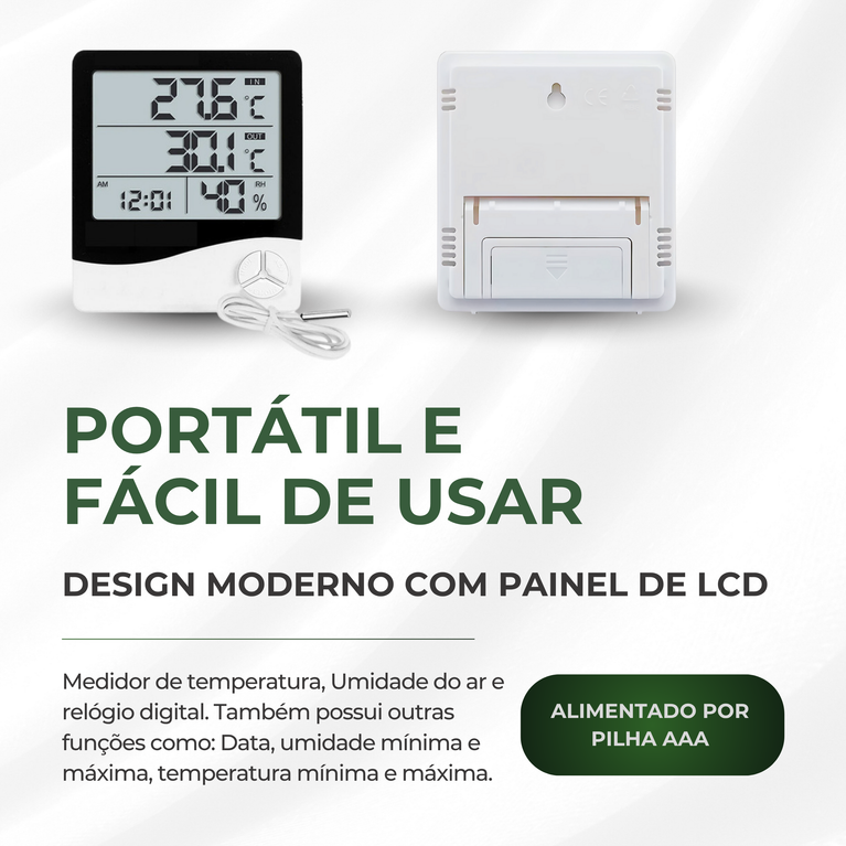 Termohigrômetro Digital Relógio Medidor de Umidade e Temperatura