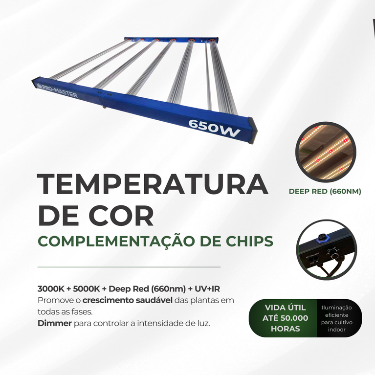 Painel de LED Quantum Barra 650W PRO-MASTER Chips Master Plants UV+IR - Cultivo Indoor