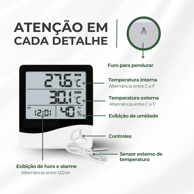 Termohigrômetro Digital Relógio Medidor de Umidade e Temperatura