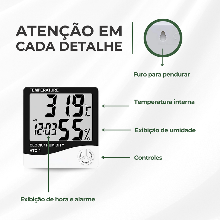 Termohigrômetro Digital Relógio Medidor de Umidade e Temperatura
