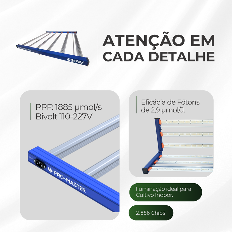 Painel de LED Quantum Barra 650W PRO-MASTER Chips Master Plants UV+IR - Cultivo Indoor