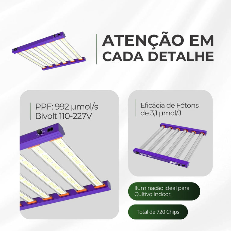 Painel de LED Quantum Barra 320W PRO-LIGHT Chips Samsung LM301H - Cultivo Indoor