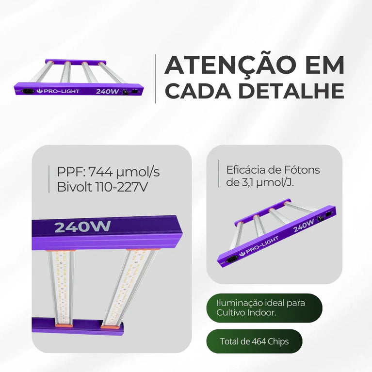 Painel de LED Quantum Barra 240W PRO-LIGHT Chips Samsung LM301H - Cultivo Indoor