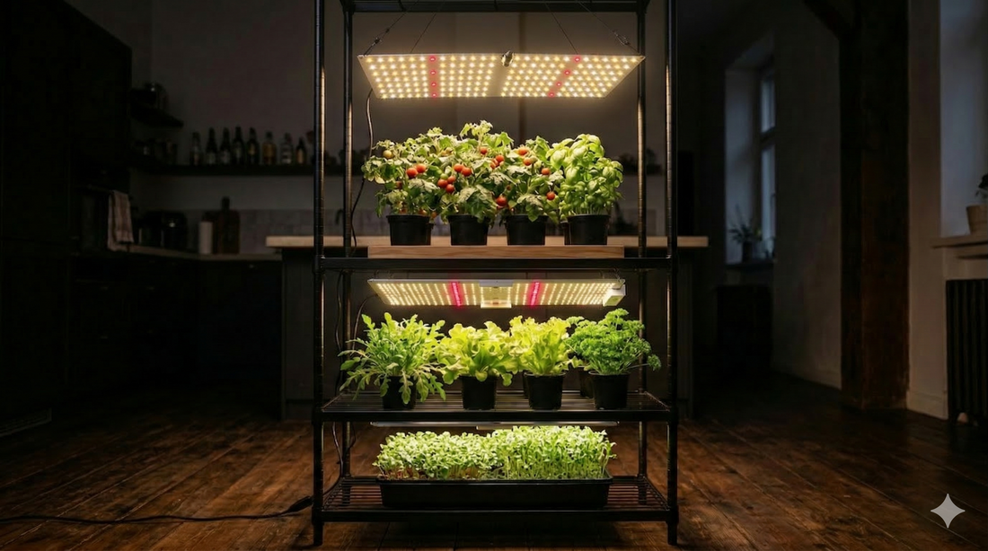 Horta indoor em estante com iluminação LED full spectrum, cultivando hortaliças, ervas e microgreens em diferentes níveis dentro de apartamento.