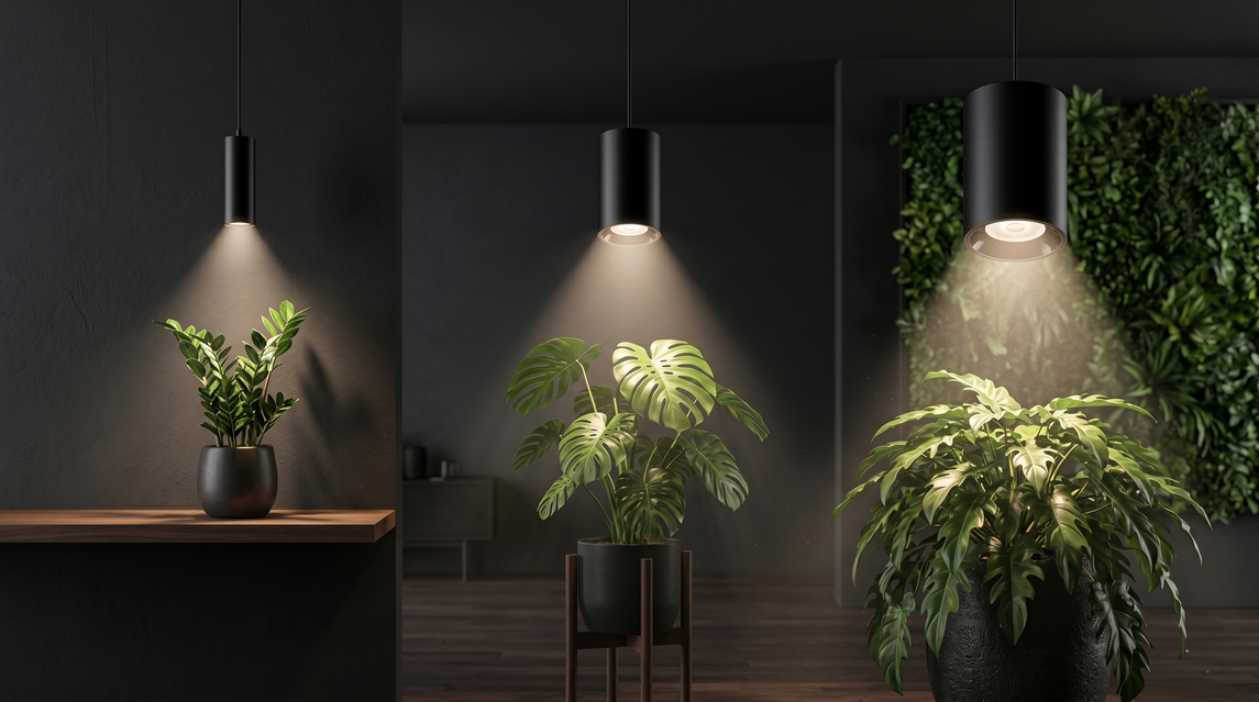 Luminárias LED pendant MASTER PLANTS iluminando plantas indoor em diferentes intensidades, com foco direcionado para vasos decorativos em ambiente interno moderno
