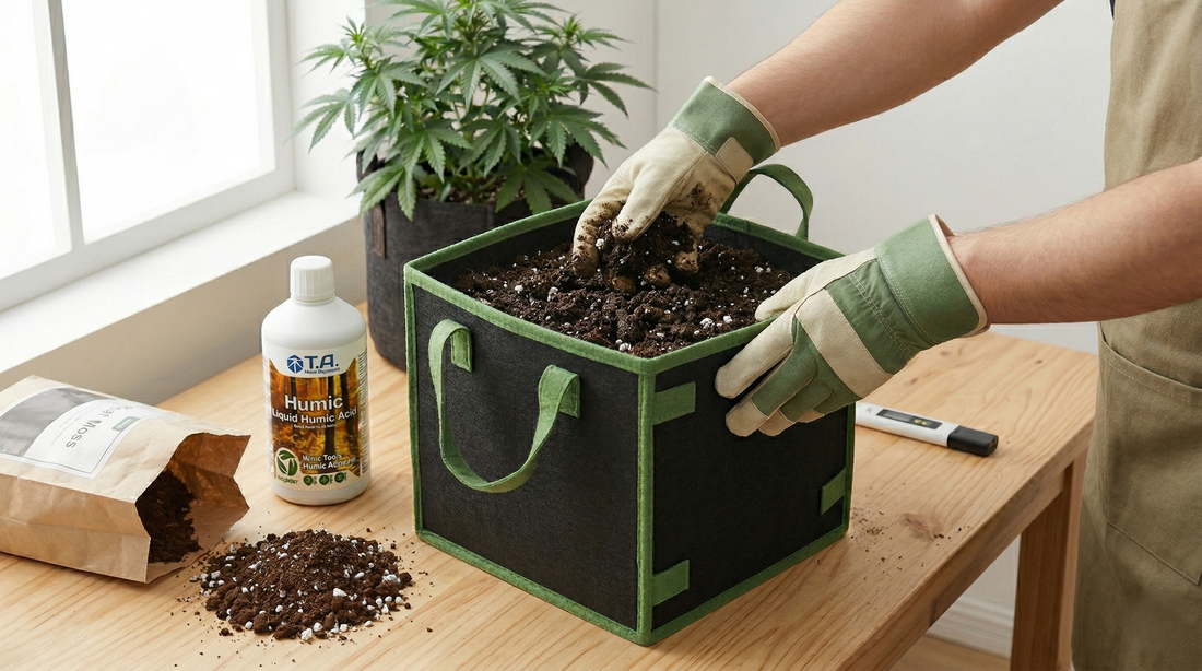 Preparo de substrato para cultivo indoor em vaso de feltro, com mistura de terra, perlita e ácido húmico para melhorar a aeração e nutrição das raízes.