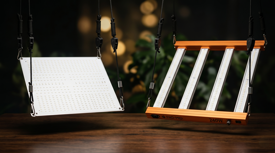 Comparação entre LED quantum board e quantum barras 240W, mostrando diferenças na distribuição de luz, uniformidade e eficiência para cultivo indoor em estufa grow