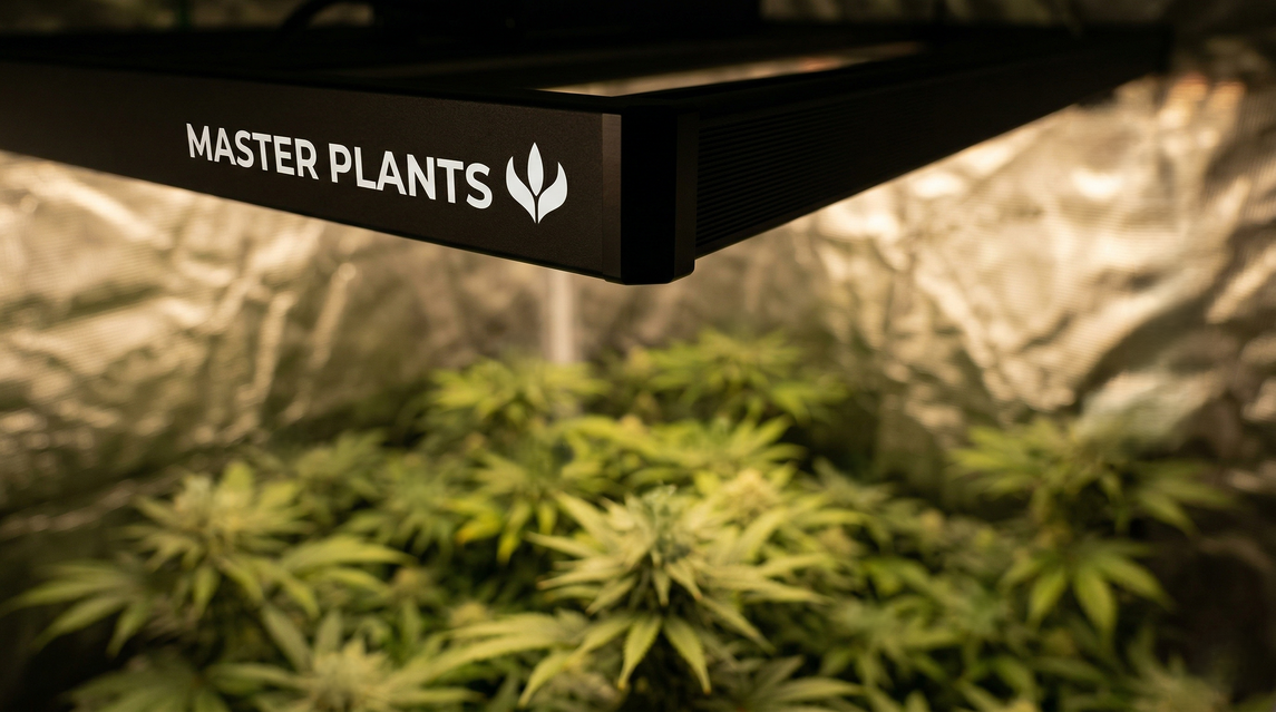 Painel LED de cultivo indoor Master Plants iluminando plantas em grow tent master plants com revestimento refletivo, destacando iluminação eficiente para crescimento saudável.