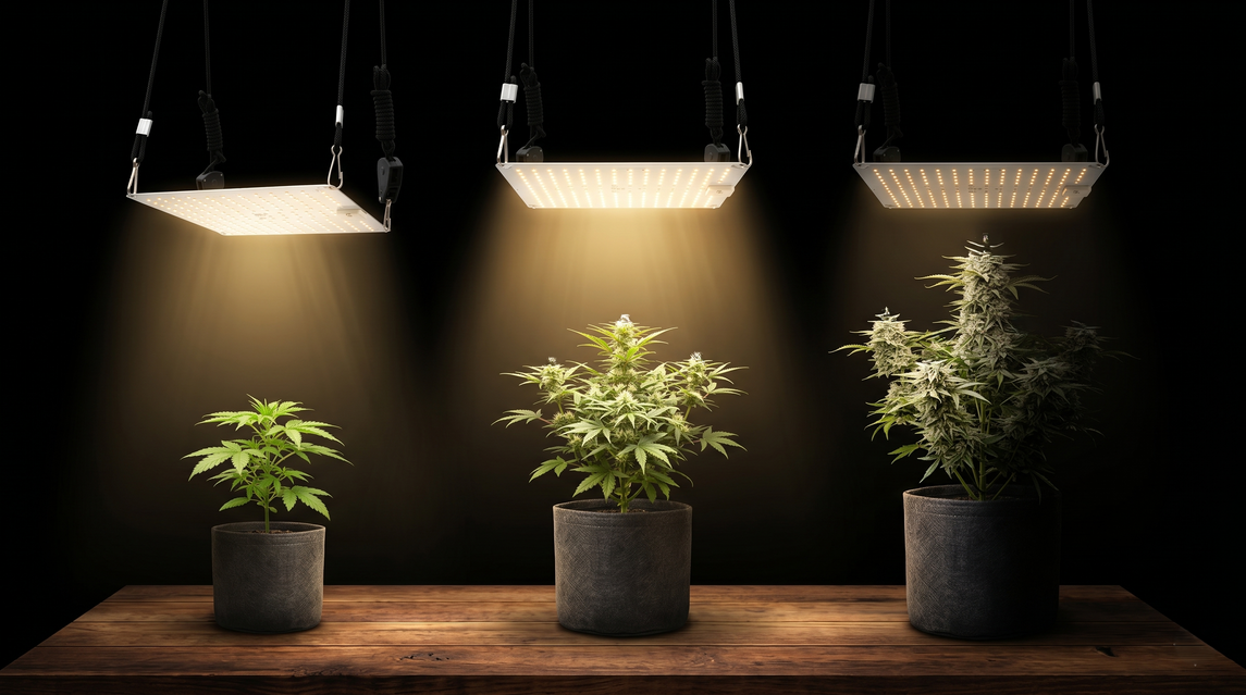 Sequência de cultivo indoor com três fases da planta sob luz LED: vegetativo inicial, crescimento intermediário e floração avançada, demonstrando evolução sob diferentes intensidades de iluminação em estufa grow