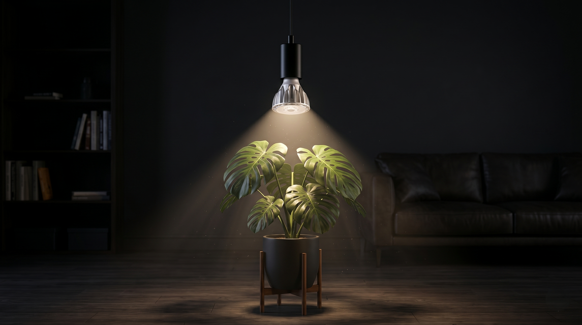 Planta Monstera em ambiente interno iluminada por lâmpada LED grow light, demonstrando iluminação artificial para plantas ornamentais em decoração indoor residencial