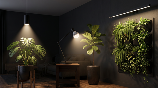 Alt text: Sala moderna com iluminação fotossintética para plantas indoor, incluindo Monstera, Ficus lyrata e jardim vertical iluminados por luminárias LED para cultivo e paisagismo interno.