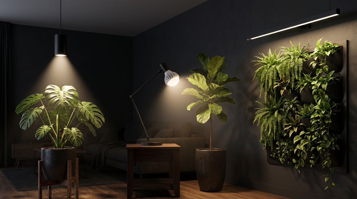 Alt text: Sala moderna com iluminação fotossintética para plantas indoor, incluindo Monstera, Ficus lyrata e jardim vertical iluminados por luminárias LED para cultivo e paisagismo interno.