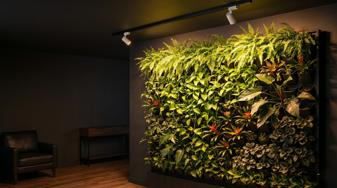 Jardim vertical interno iluminado com Rail LED para plantas, proporcionando iluminação uniforme e crescimento saudável em parede verde residencial.