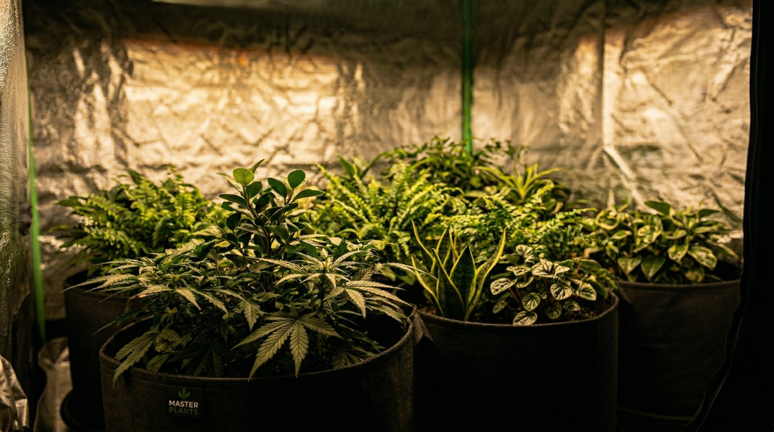 Plantas cultivadas em estufa indoor master plants com vasos de tecido e iluminação LED, mostrando cultivo indoor organizado com controle de espaço e densidade de plantas.