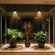 Iluminação LED para plantas de interior em jardim interno residencial com luminárias pendentes, proporcionando crescimento saudável e desenvolvimento uniforme sem luz natural.