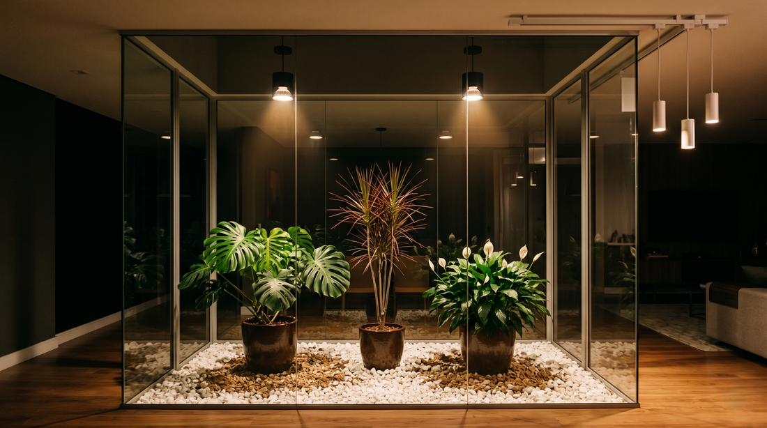 Iluminação LED para plantas de interior em jardim interno residencial com luminárias pendentes, proporcionando crescimento saudável e desenvolvimento uniforme sem luz natural.