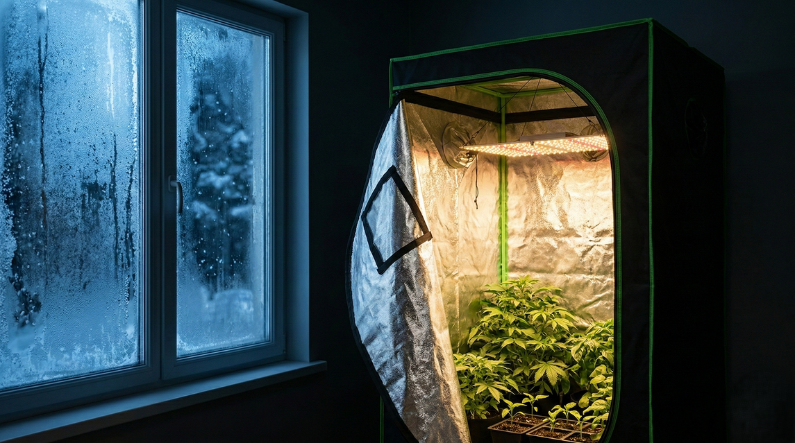 Estufa de cultivo indoor com iluminação LED funcionando durante o inverno, mostrando plantas crescendo em ambiente controlado enquanto há frio e neve do lado de fora da janela.