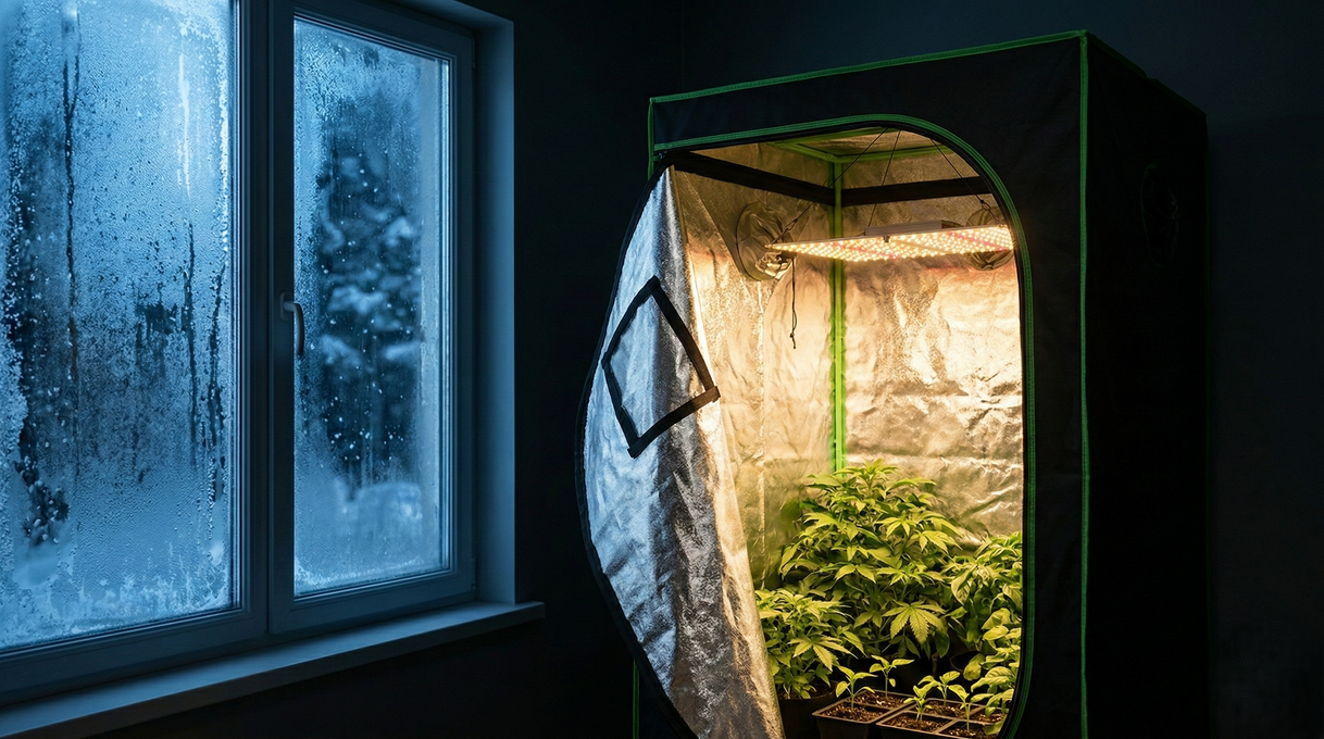 Estufa de cultivo indoor com iluminação LED funcionando durante o inverno, mostrando plantas crescendo em ambiente controlado enquanto há frio e neve do lado de fora da janela.
