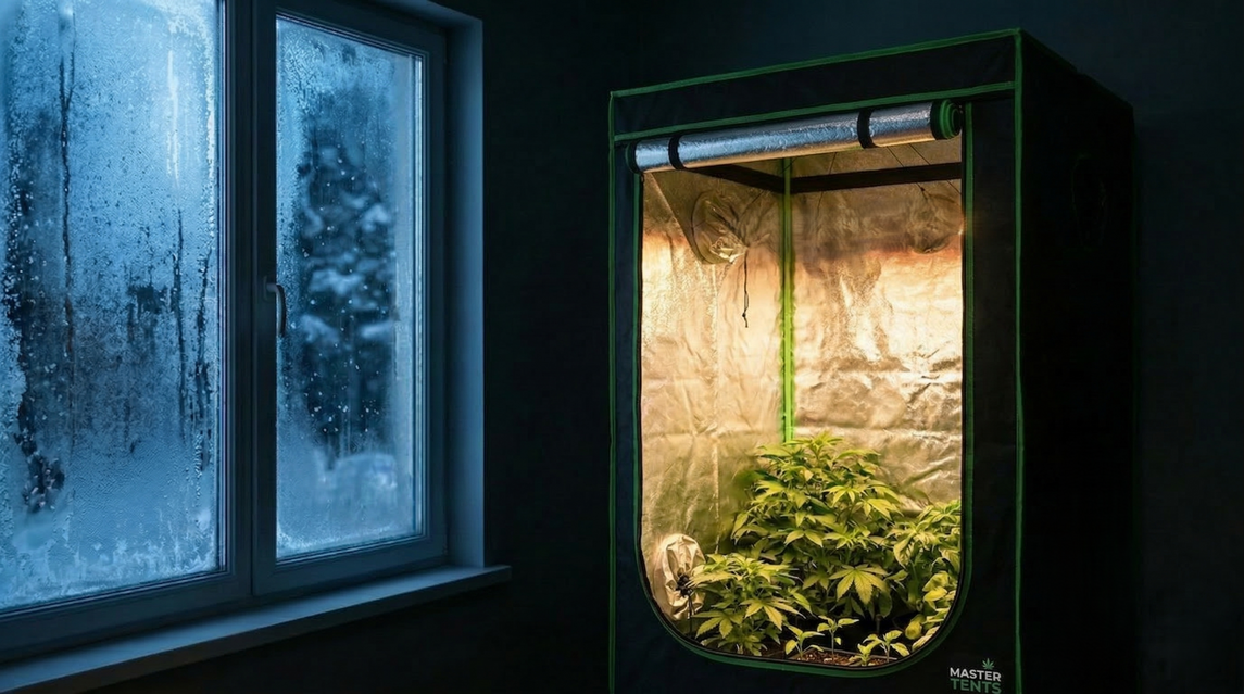 Estufa de cultivo indoor com iluminação LED funcionando durante o inverno, mostrando plantas crescendo em ambiente controlado enquanto há frio e neve do lado de fora da janela.