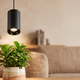 Luminária LED pendente iluminando planta de interior em vaso, demonstrando luz artificial para cultivo e crescimento saudável em ambiente residencial.
