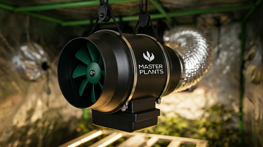 Exaustor inline com filtro de ar em estufa indoor Master Plants, mostrando sistema de ventilação e controle de odor com duto flexível para cultivo indoor.