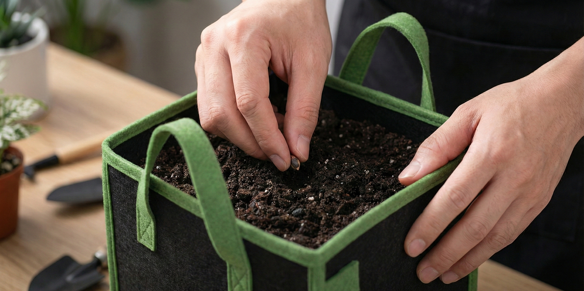 Plantio de semente em vaso de feltro com substrato leve para germinação no cultivo indoor, destacando técnica correta para iniciar plantas saudáveis.