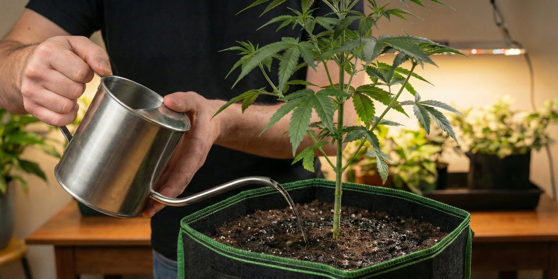 Rega no cultivo indoor com regador metálico em vaso de feltro, mostrando técnica correta para manter raízes saudáveis e controlar a umidade do substrato.