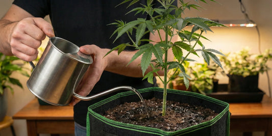 Rega no cultivo indoor com regador metálico em vaso de feltro, mostrando técnica correta para manter raízes saudáveis e controlar a umidade do substrato.