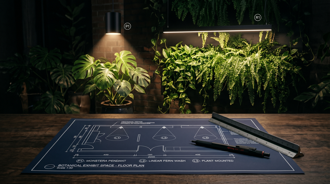 Projeto de iluminação para plantas com luminárias LED em jardim interno e jardim vertical, demonstrando o planejamento luminotécnico para arquitetura e paisagismo em ambientes internos.