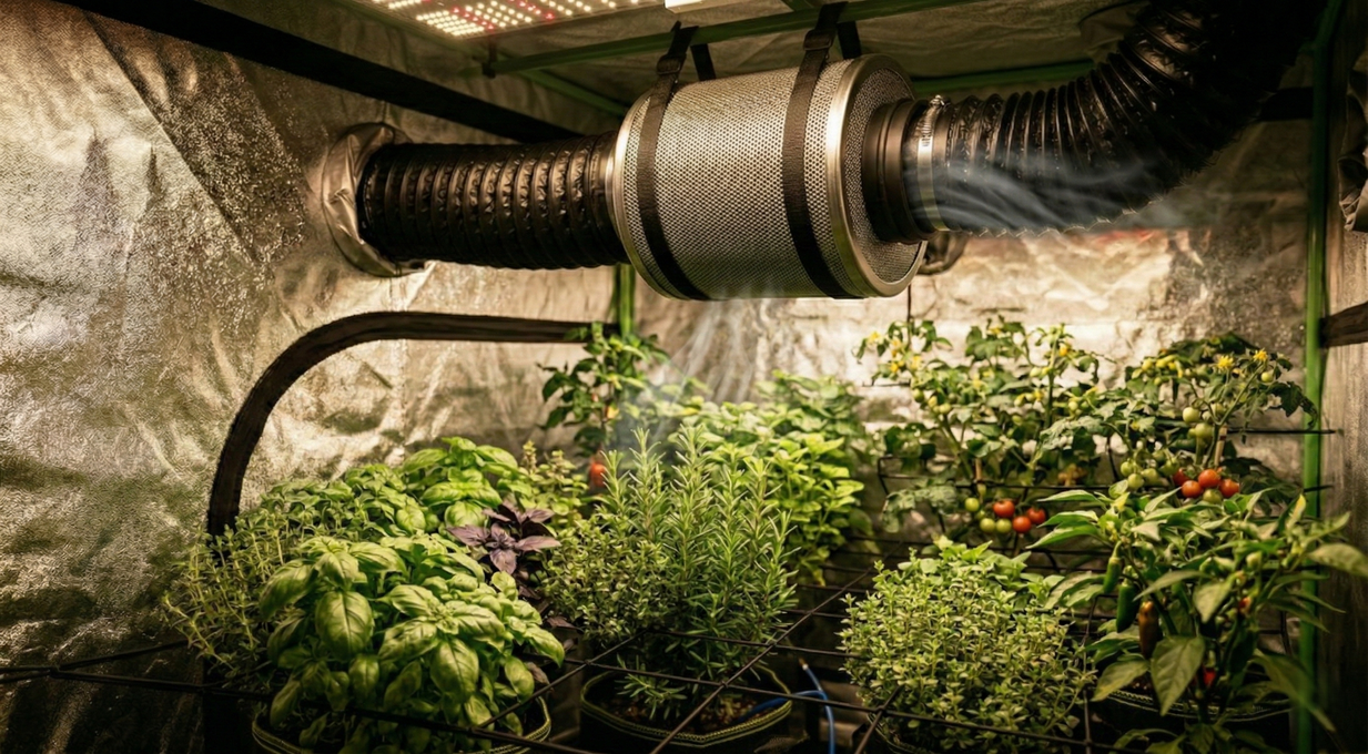Filtro de carvão ativado e sistema de exaustão em estufa de cultivo indoor, utilizado para controle de odores e ventilação adequada durante o crescimento das plantas.
