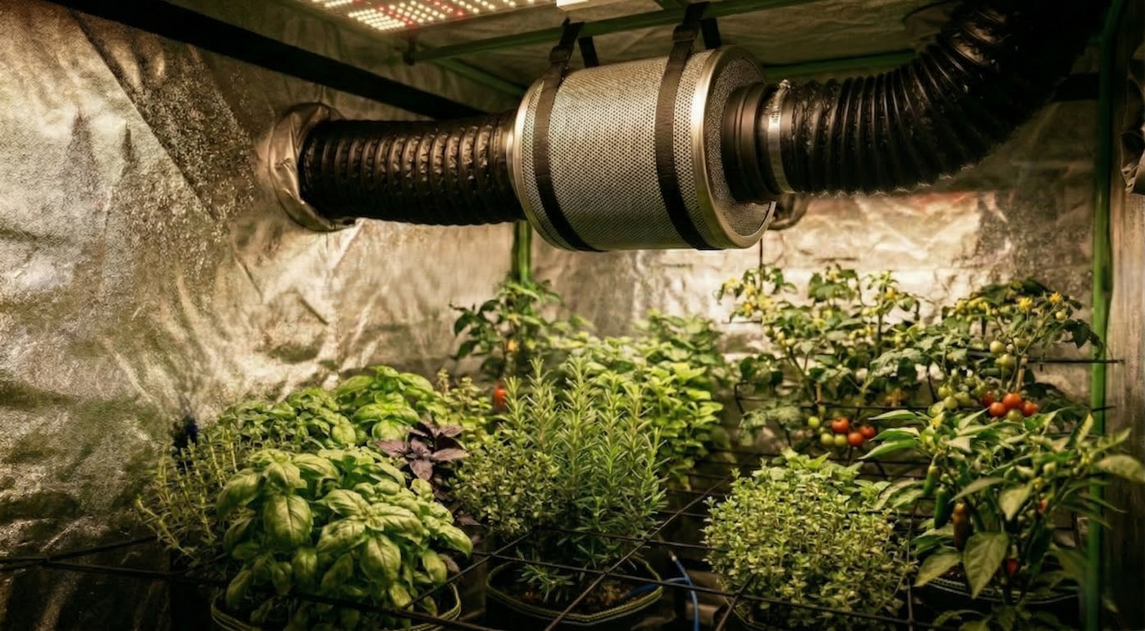 Filtro de carvão ativado e sistema de exaustão em estufa de cultivo indoor, utilizado para controle de odores e ventilação adequada durante o crescimento das plantas.