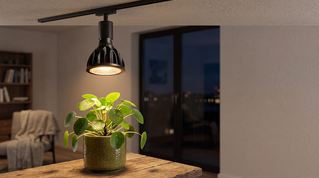 Luminária LED em trilho iluminando planta de interior à noite, demonstrando uso de luz artificial e fotoperíodo controlado para crescimento saudável.