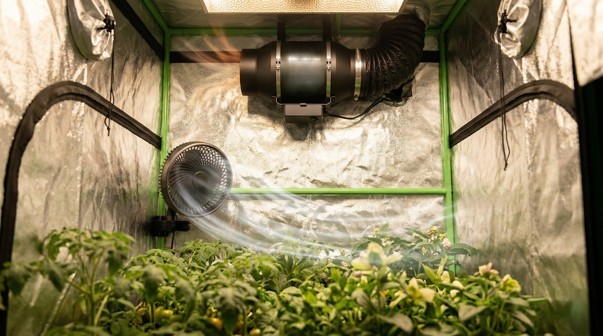 Sistema de ventilação e exaustão em estufa de cultivo indoor com ventilador e exaustor controlando temperatura e circulação de ar para climatização do grow.