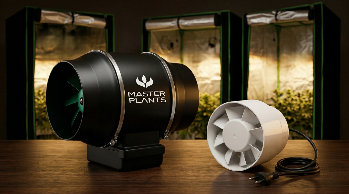 Exaustor para cultivo indoor comparado a ventilador inline, destacando controle de ventilação, circulação de ar e eficiência no grow room.