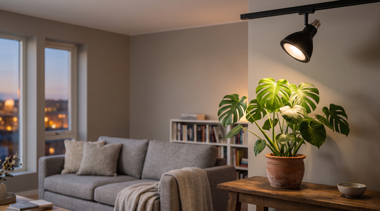 Monstera em vaso iluminada por luminária LED para plantas, demonstrando iluminação artificial adequada em ambiente interno residencial com pouca luz natural.