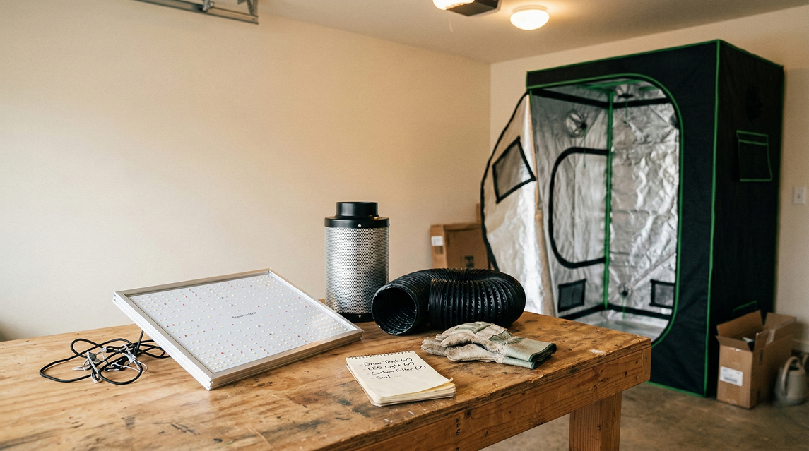Equipamentos para cultivo indoor com baixo orçamento, incluindo painel LED de cultivo, filtro de carvão, duto de ventilação e estufa grow para iniciantes montarem um grow em casa.