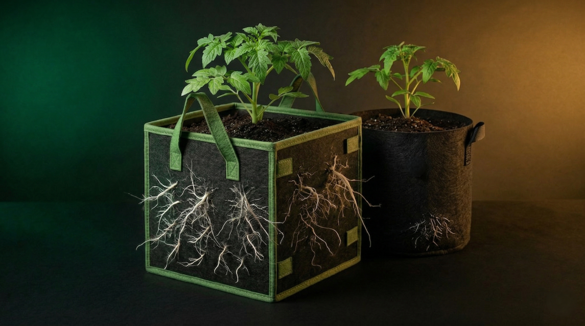 Vasos de feltro vs vaso plástico no cultivo indoor, destacando desenvolvimento das raízes, aeração do substrato e crescimento saudável das plantas.