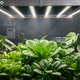 Painel LED Quantum Bar PRO 650W iluminando hortaliças e plantas ornamentais em cultivo indoor, com luz branca full spectrum para crescimento saudável e alta eficiência.