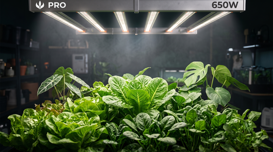 Painel LED Quantum Bar PRO 650W iluminando hortaliças e plantas ornamentais em cultivo indoor, com luz branca full spectrum para crescimento saudável e alta eficiência.