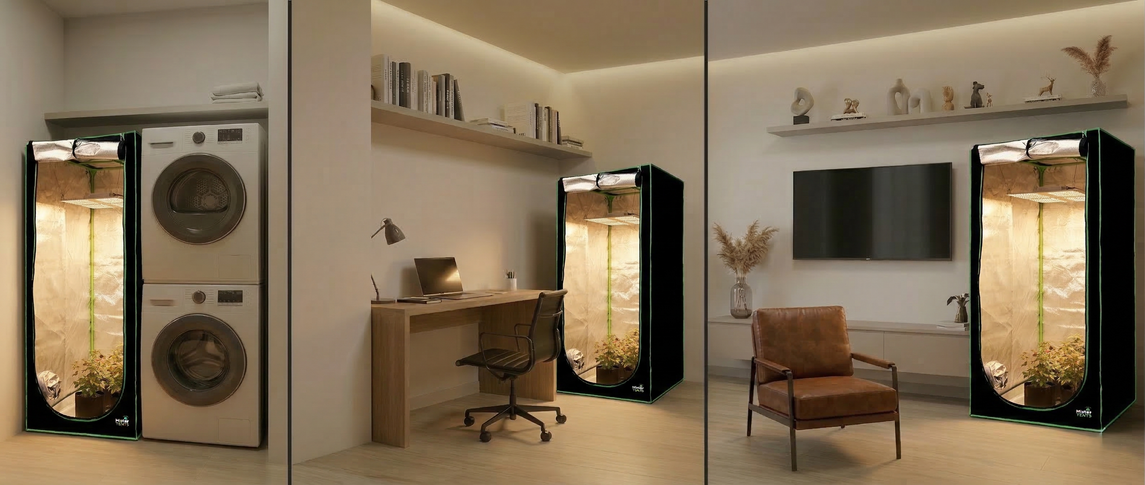 Estufas de cultivo indoor compactas instaladas em pequenos espaços como lavanderia, escritório e sala, demonstrando uso eficiente de grow em apartamentos.