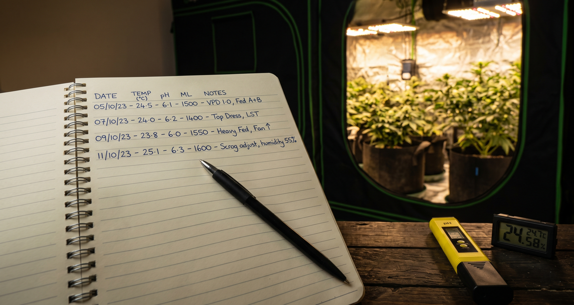 Diário de cultivo indoor com anotações de temperatura, pH e rega ao lado de estufa com plantas sob iluminação LED e medidor digital ambiental.