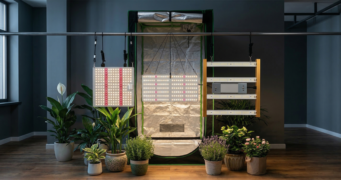 Iluminação LED para cultivo indoor em apartamento com painéis full spectrum suspensos ao lado de estufa grow, demonstrando diferentes modelos para plantas em ambientes internos.